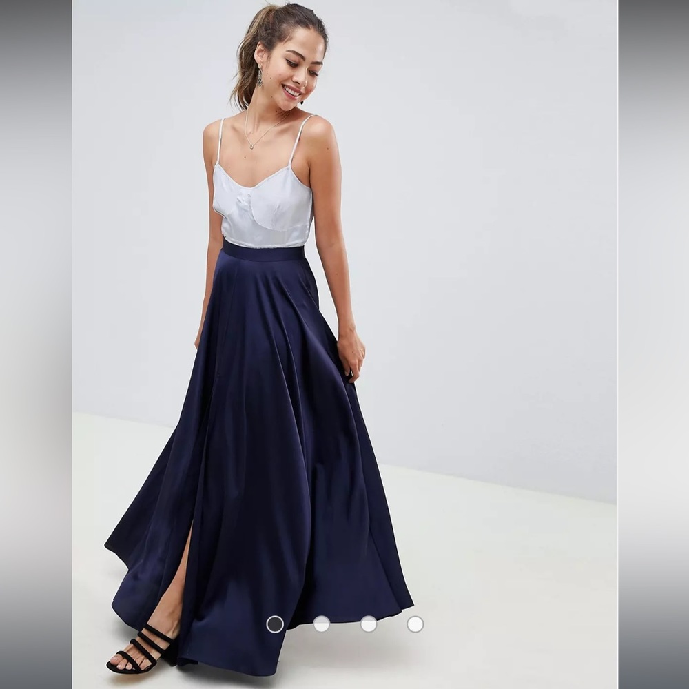 ASOS Navy Blue Satin Maxi Skirt with Center Slit